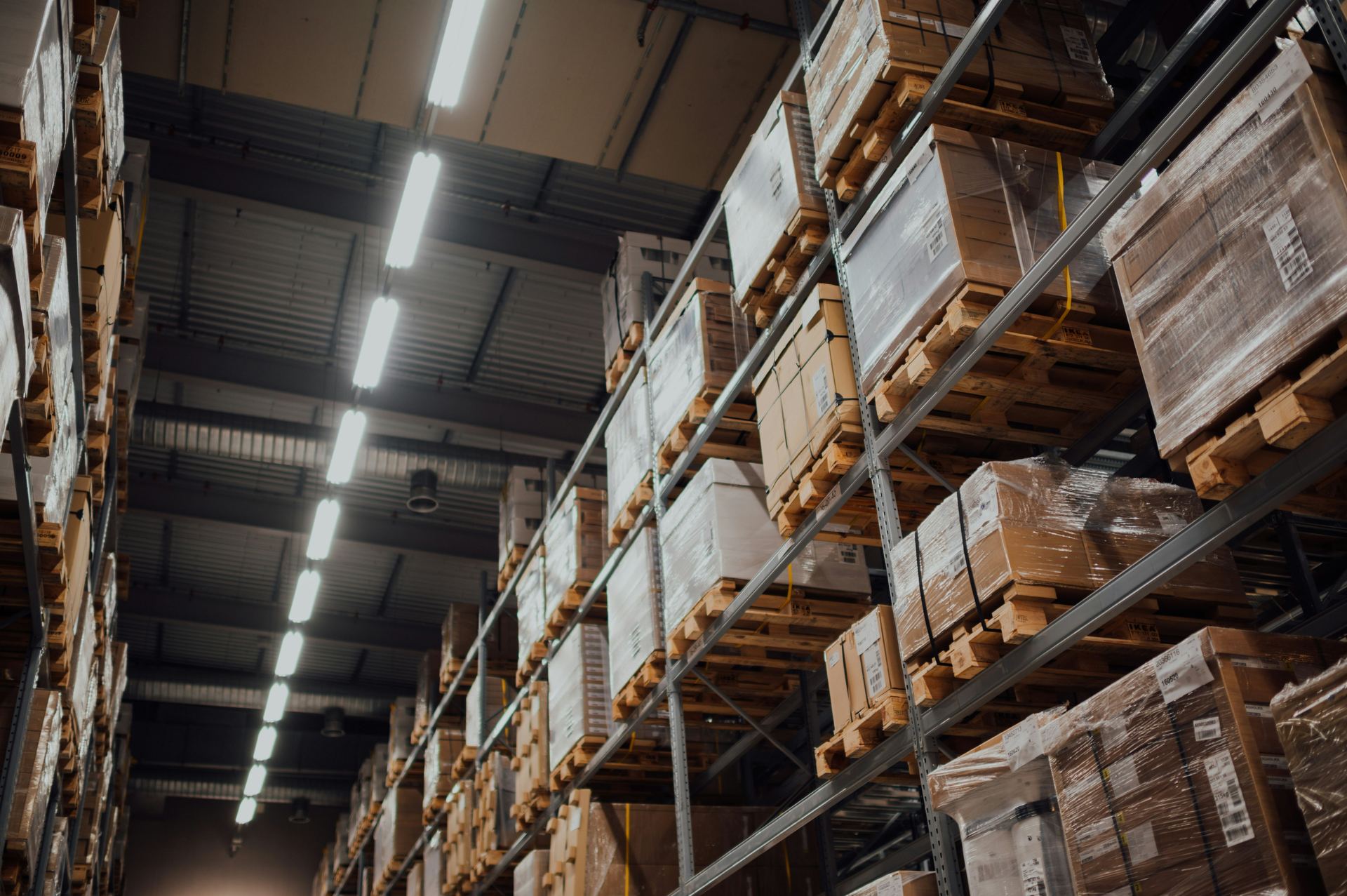 Close-up of stocked pallet racking inside a warehouse