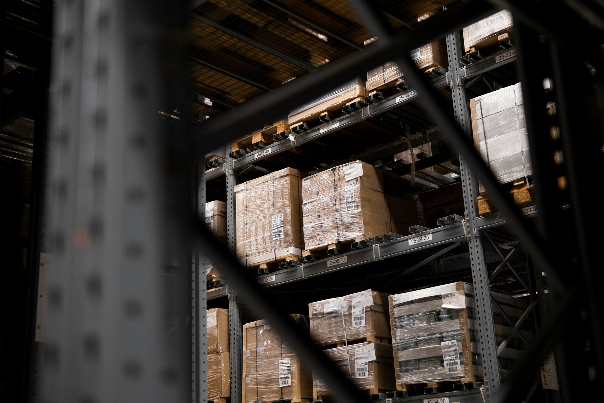 Warehouse pallet racking with stocked inventory